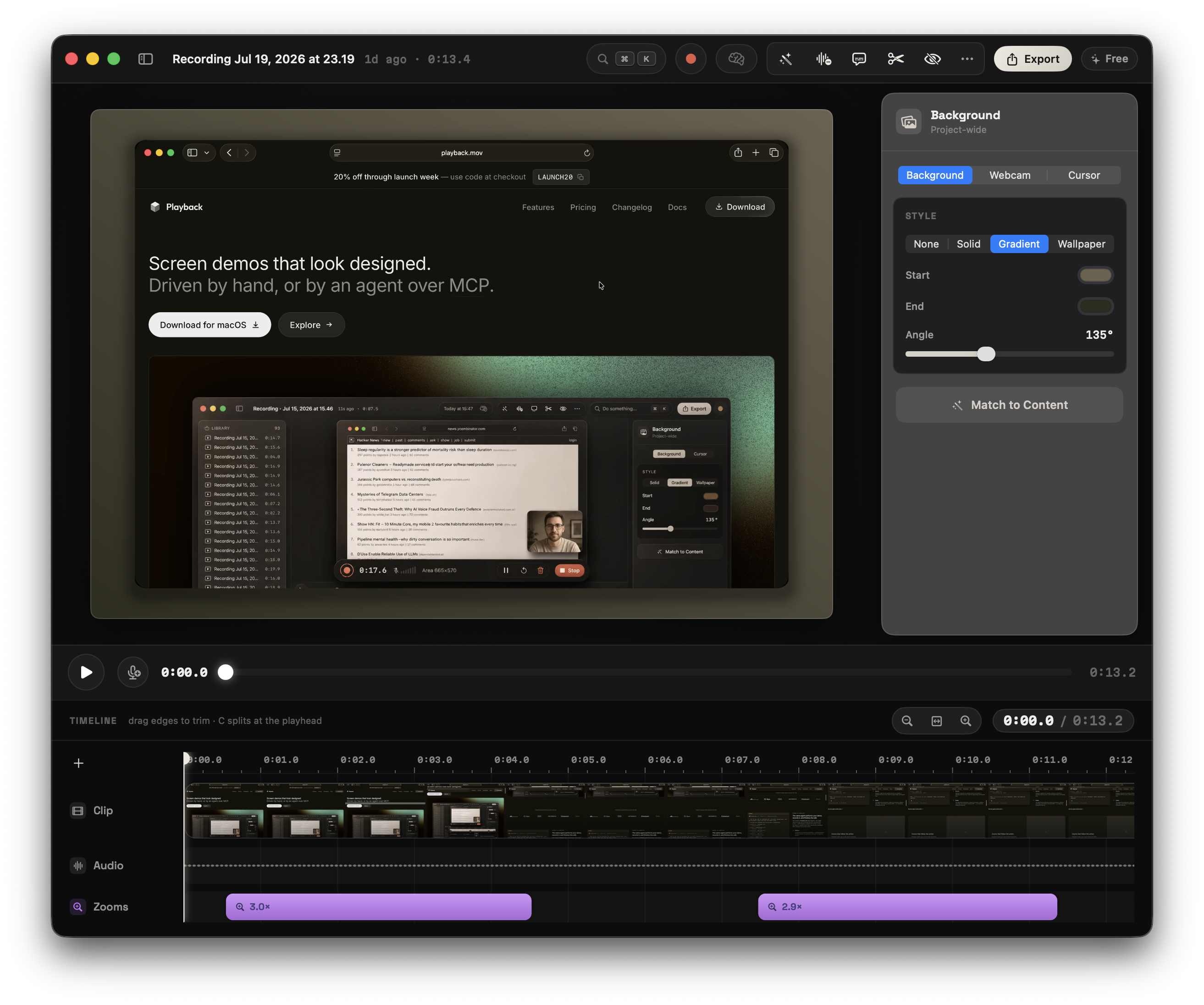 The Playback editor: a recording floating on a gradient backdrop, the Background inspector on the right, and a timeline with zoom effects below.