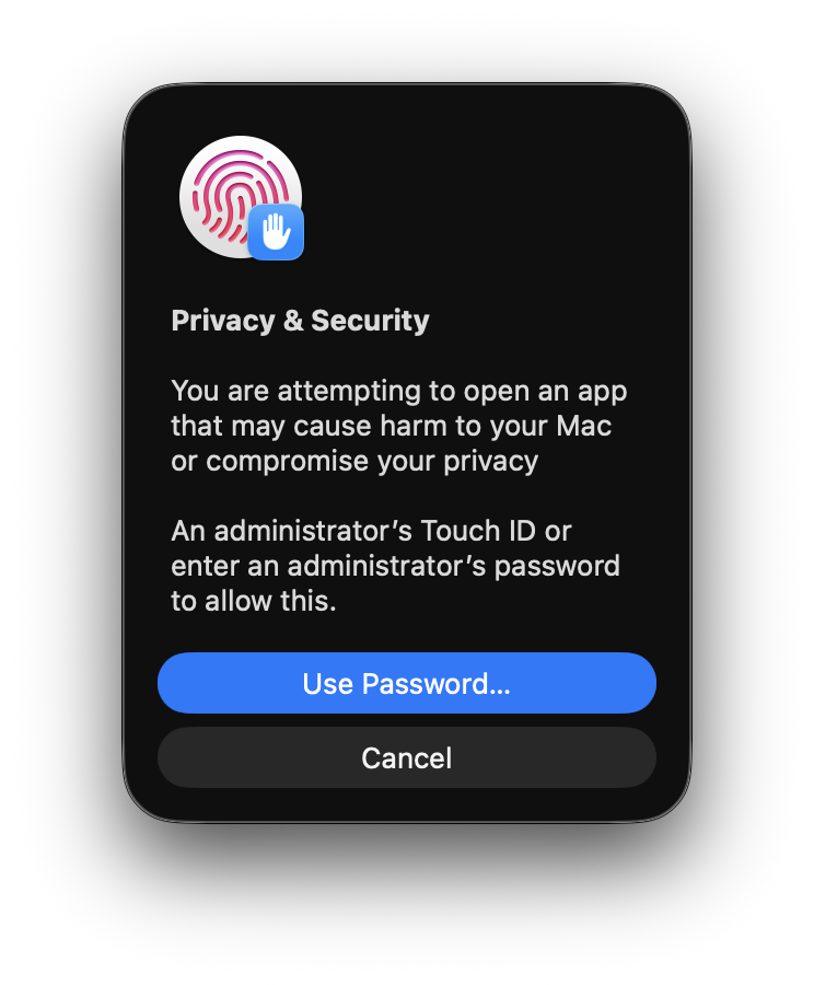 Privacy & Security authentication prompt asking for Touch ID or an administrator password.