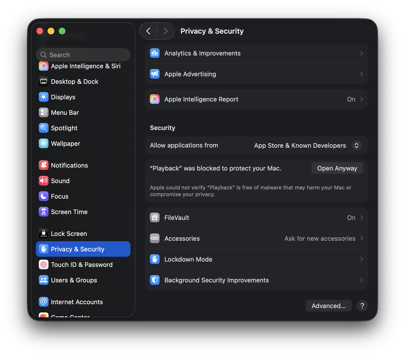 System Settings Privacy & Security pane showing “Playback was blocked to protect your Mac” with an Open Anyway button.